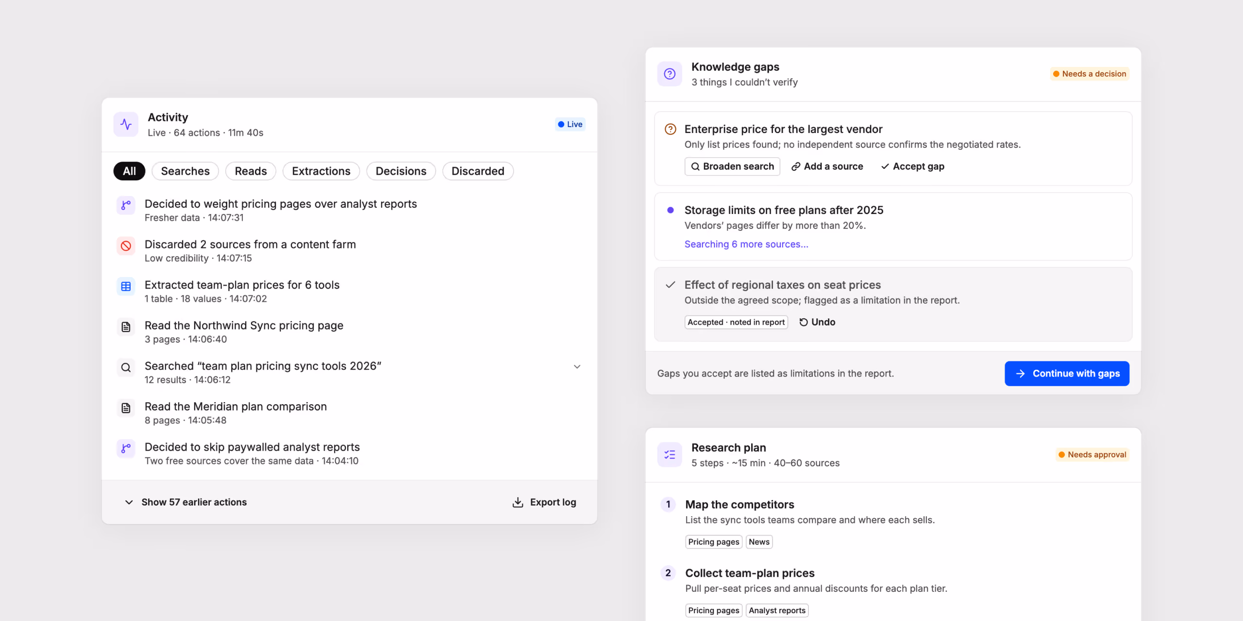 More Agent Builder components: a live activity log with filters, a knowledge gaps card asking for a decision, and a research plan waiting for approval.