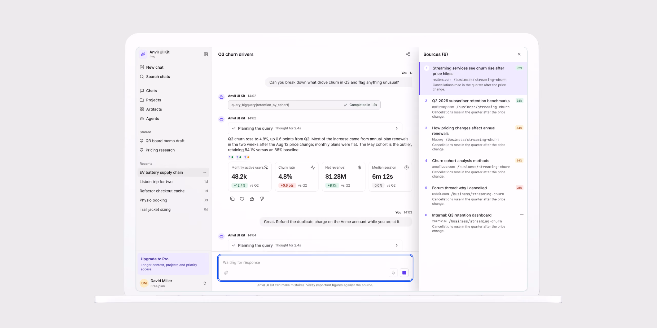 The Showroom on desktop: an assistant explains Q3 churn drivers with metrics, next to a sources panel listing the articles it read.