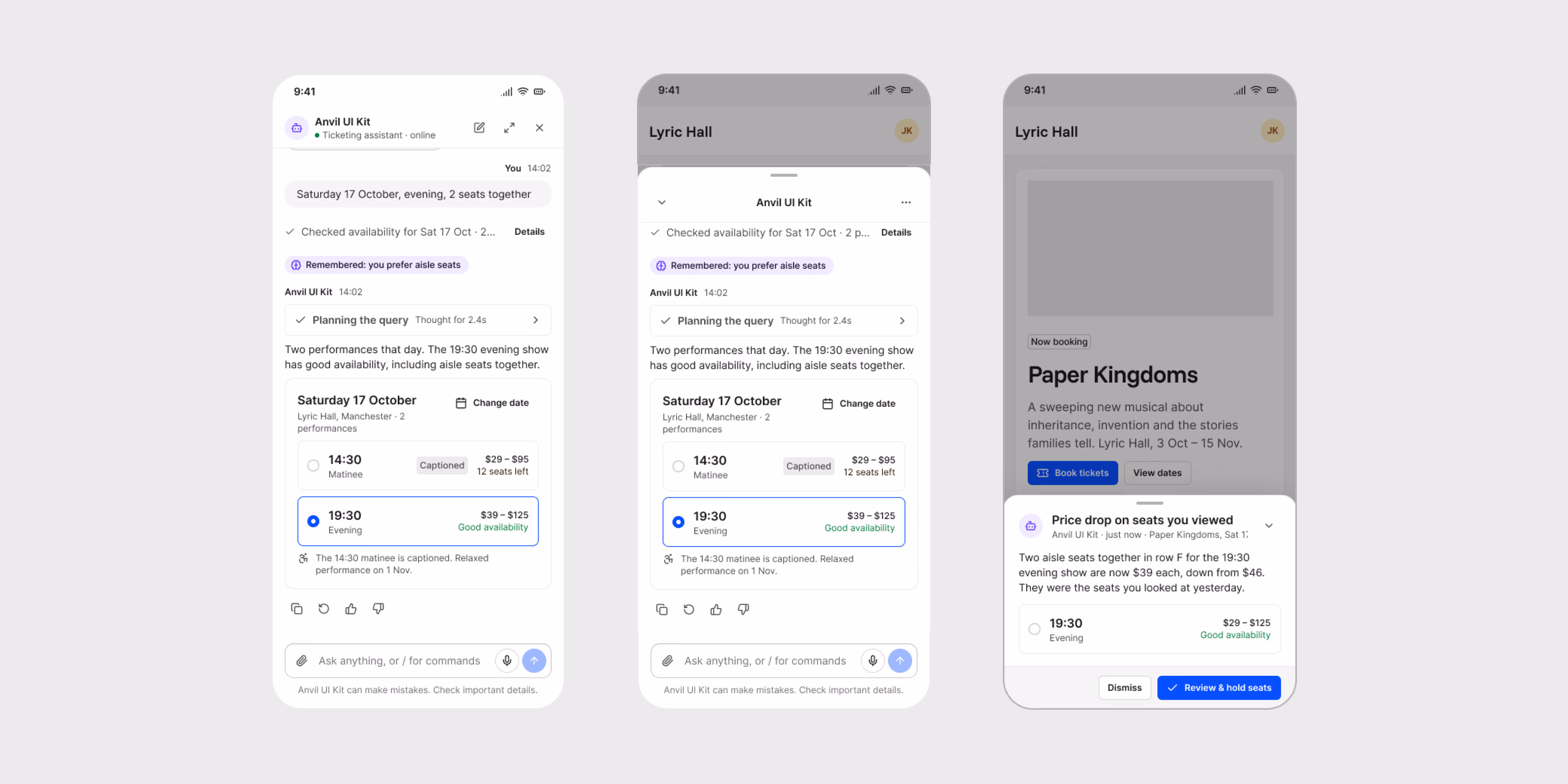 The Showroom on mobile in three steps: the assistant checks availability for Saturday, offers two performances, and a price drop alert for Paper Kingdoms at Lyric Hall.