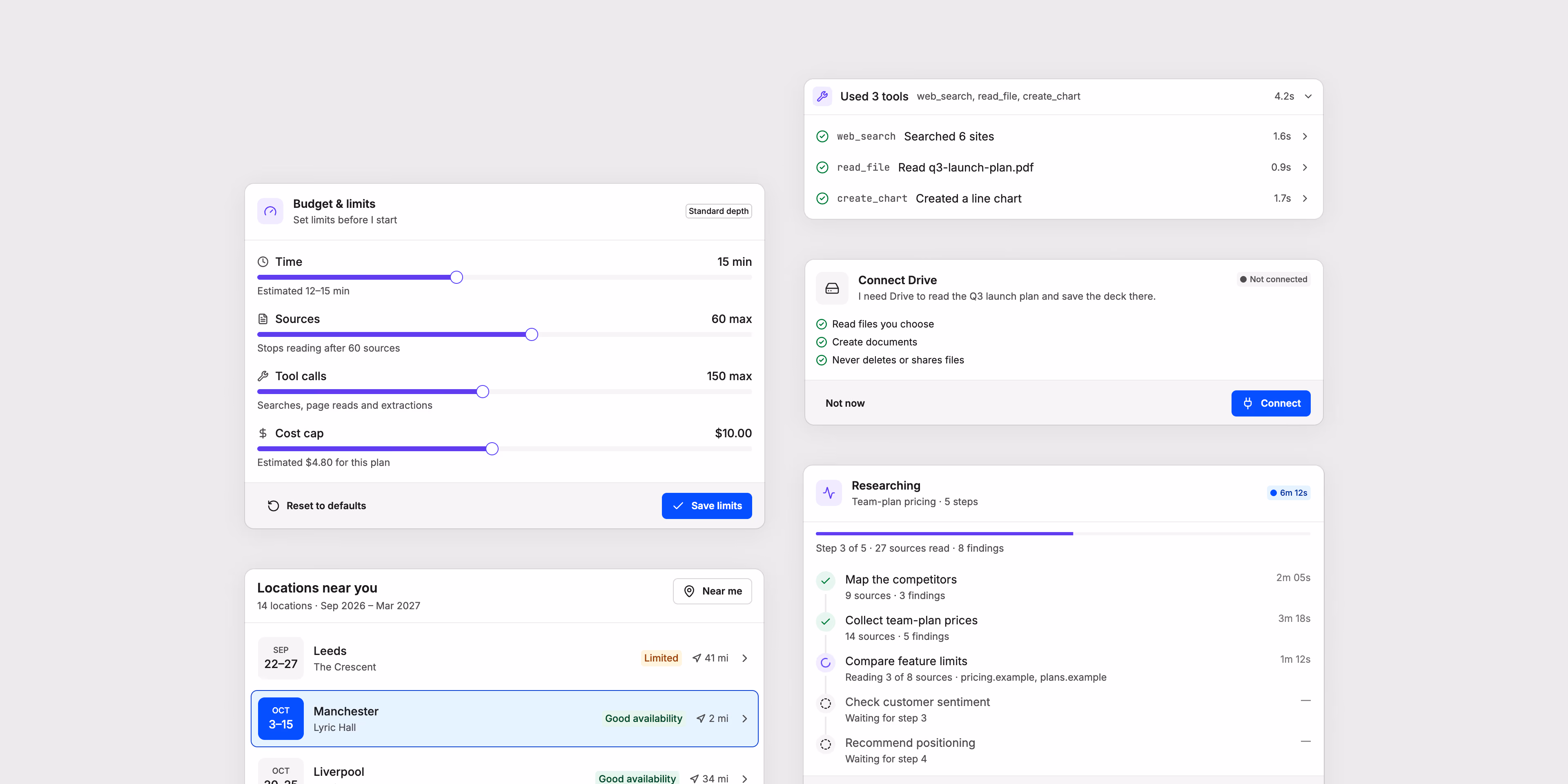 Anvil UI agent components, a budget and limits panel, a tool-call log, a connect Drive approval card, a research progress plan and a list of nearby locations.