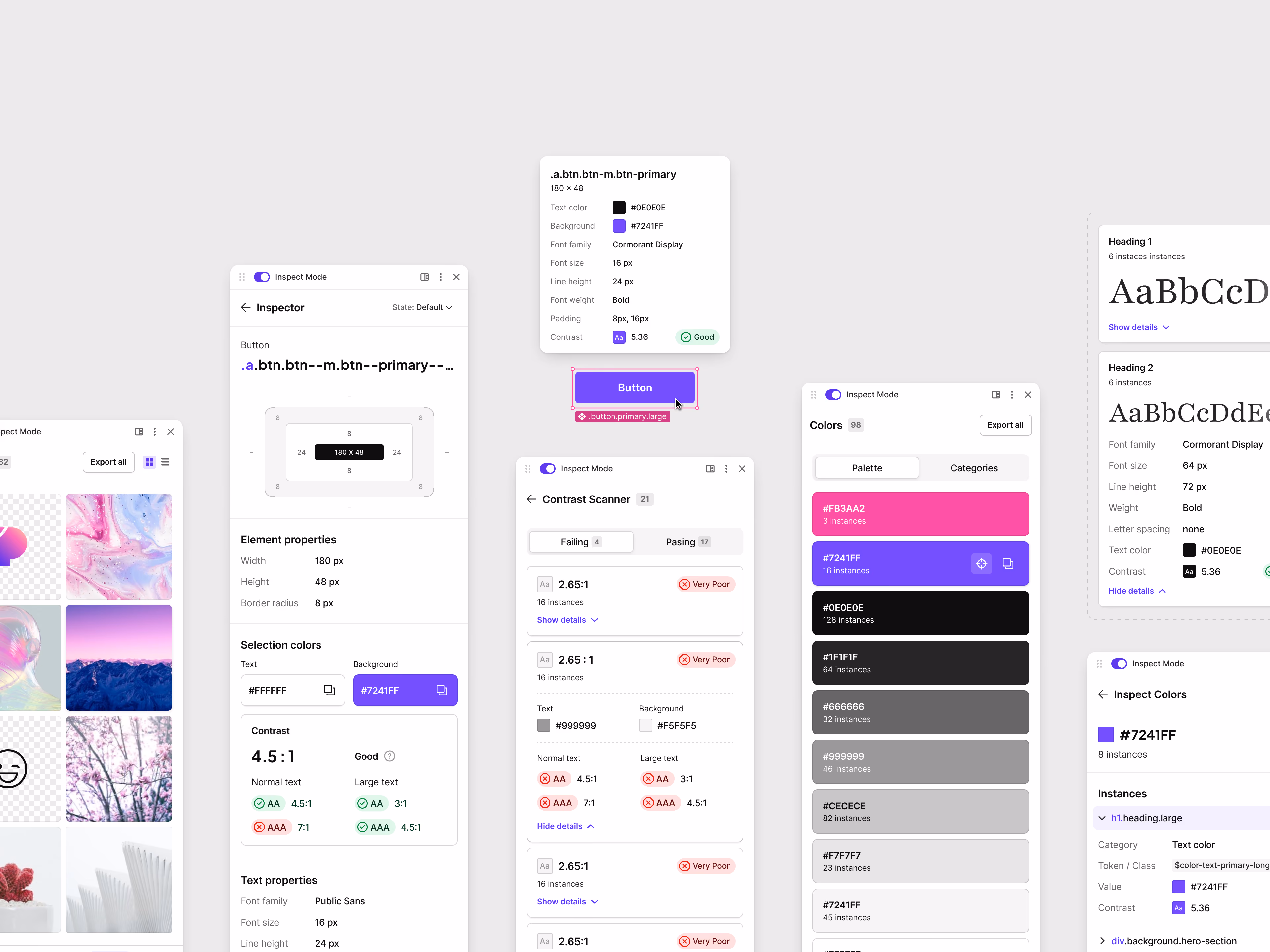 CSS Peeper extension panels listing a website’s colours, typography and assets.