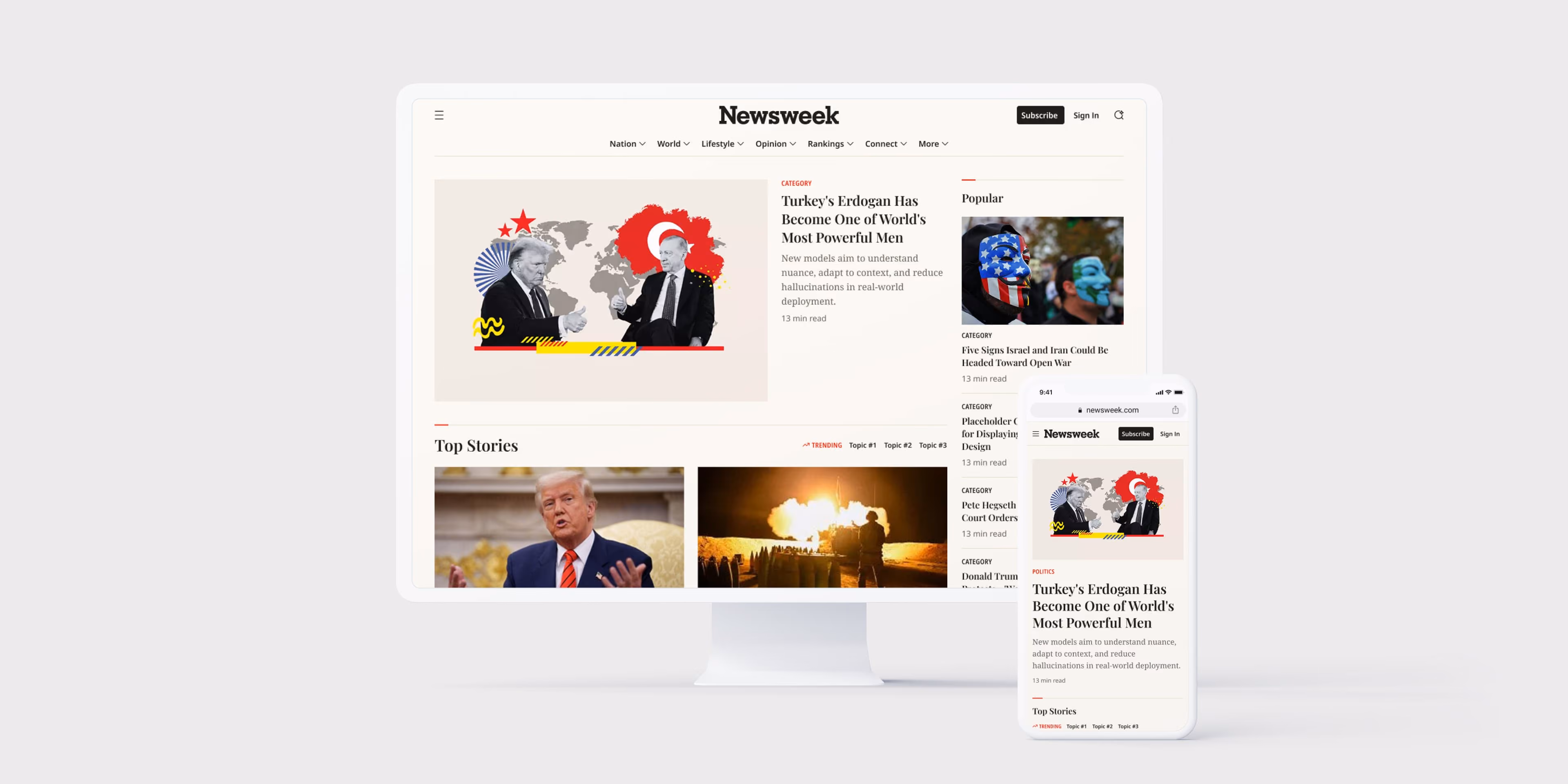 The redesigned Newsweek homepage on a desktop monitor and a phone.