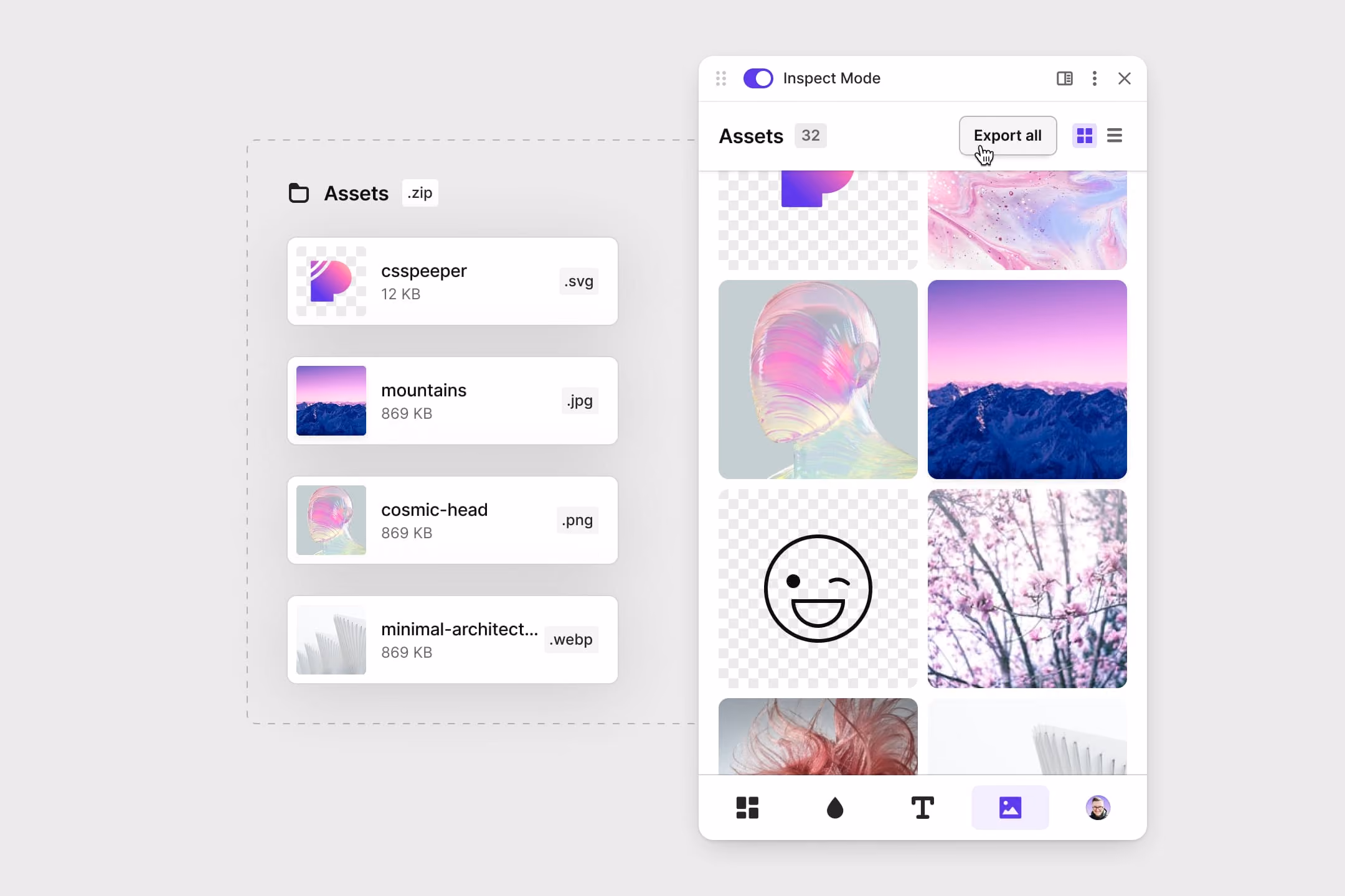 The Assets panel in a grid view, exporting every image on the page as a zip of SVG, JPG, PNG and WebP files.