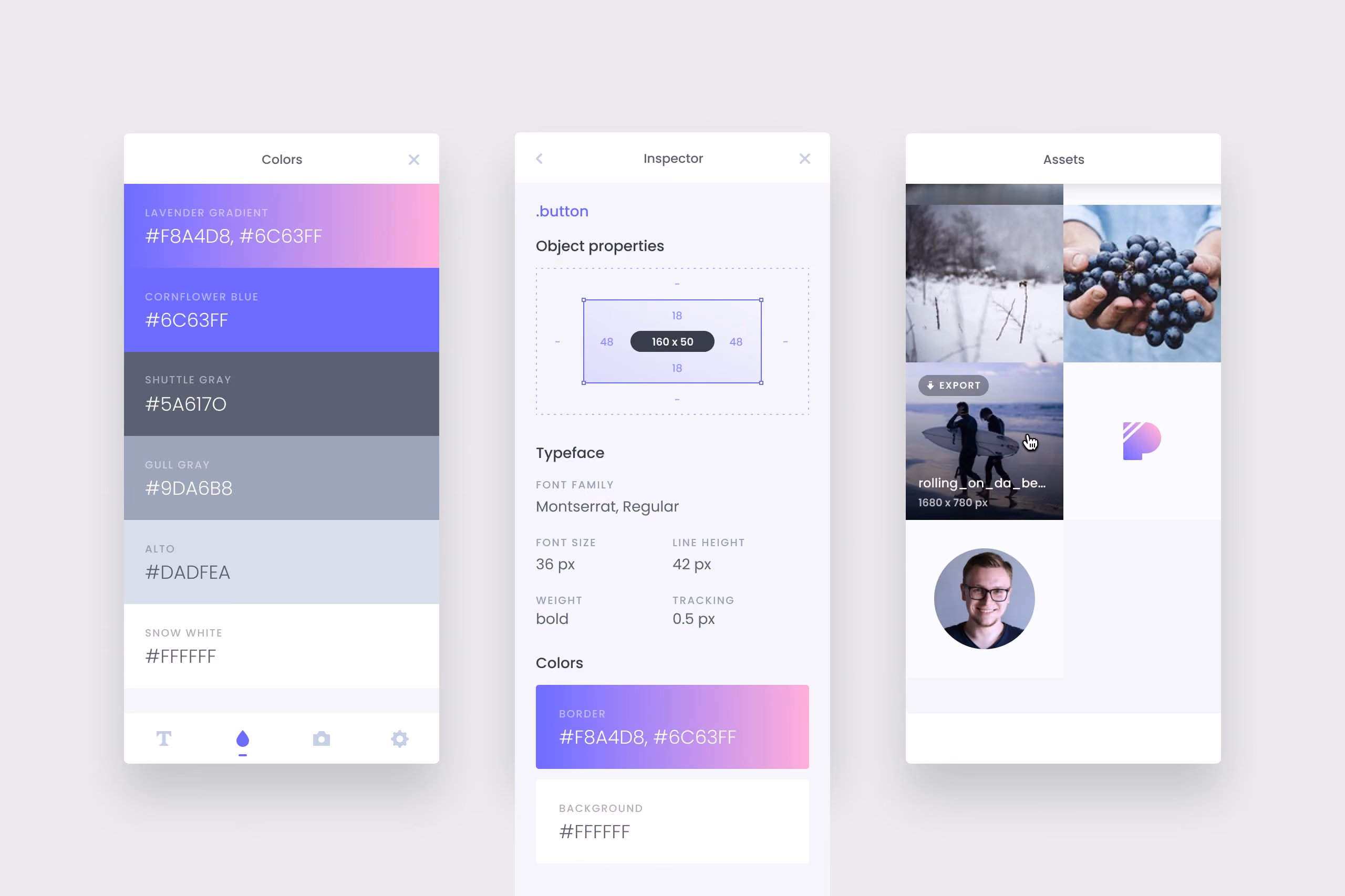 The first version of CSS Peeper from 2016, with the Colors, Inspector and Assets panels.