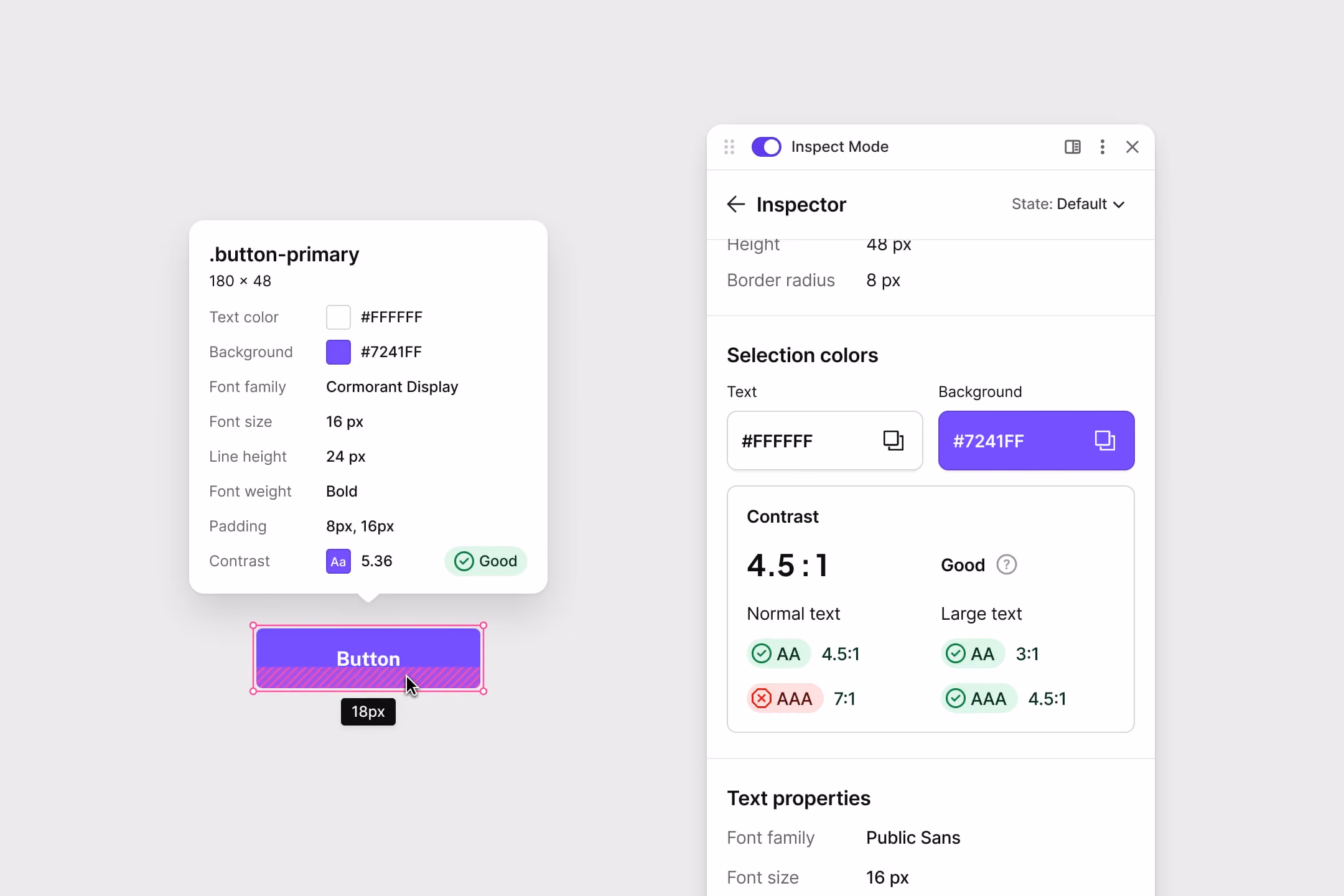 Inspecting a button: its text and background colors, size and padding, and a contrast check against AA and AAA.