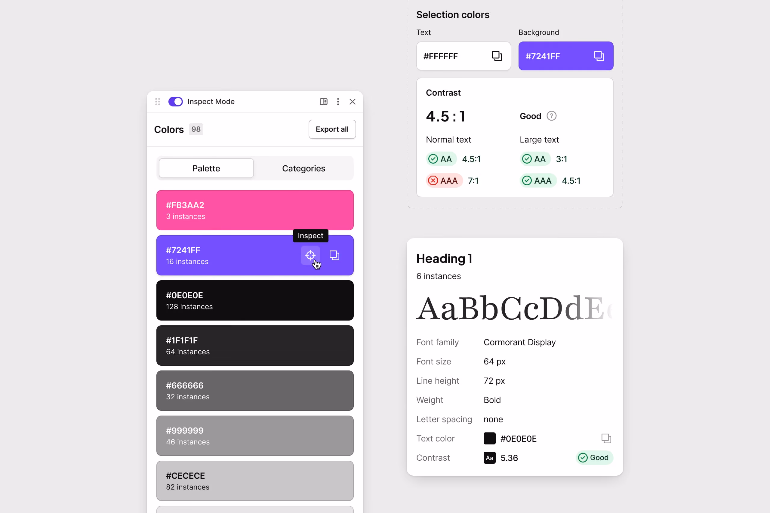 The Colors palette next to a Heading 1 text style card with its font, size, line height and contrast.